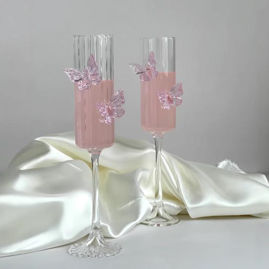 Бокалы для вина Yousheng, флейты для шампанского с 3D розовым украшением в виде бабочки, стекло, имитирующее хрусталь, свадебная вечеринка, годовщина, бокалы для вина