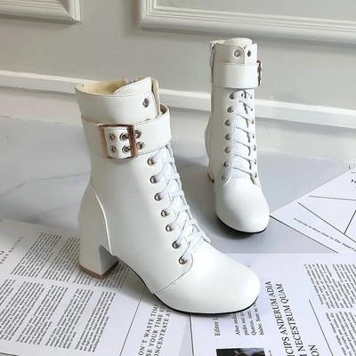 Мода 2024 года, осенние женские сапоги, квадратные ботильоны на высоком каблуке, модные зимние сапоги с застежкой-молнией и круглой головкой, женские туфли, черные, белые, розовые