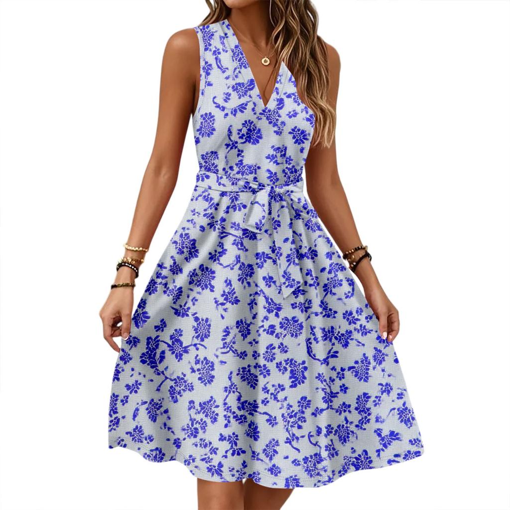 Women's Spring And Summer Casual V-Neck Sleeveless Waist Floral Print Midi Dress