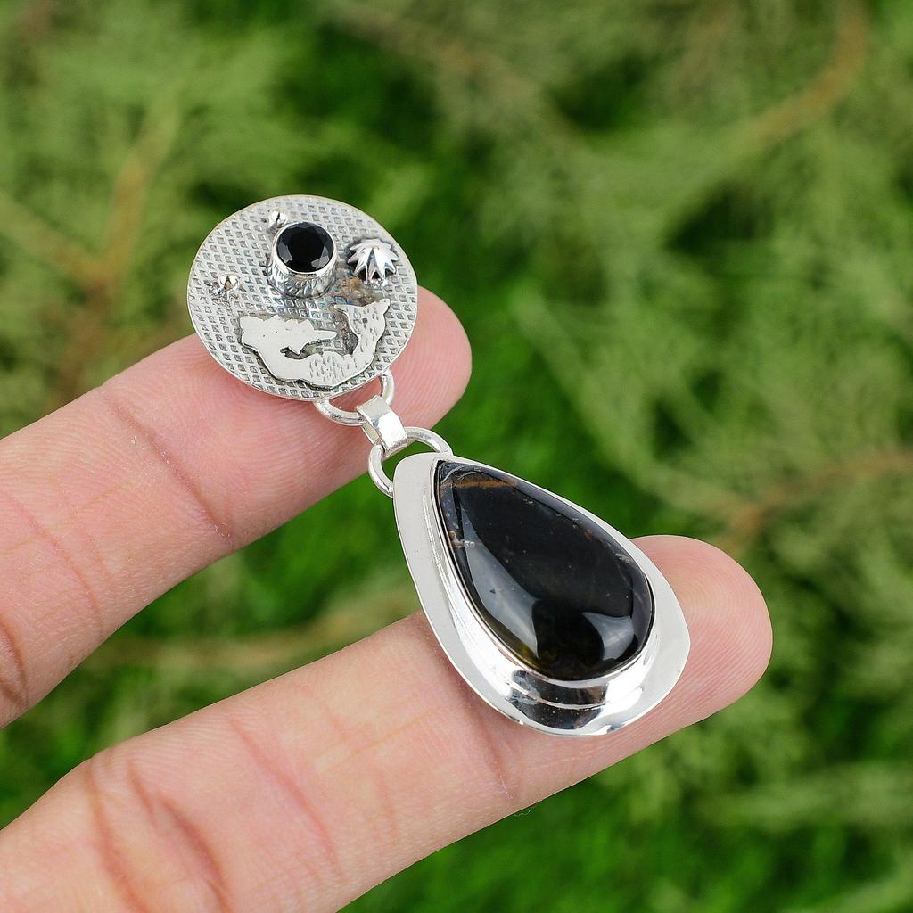 Daughters Day Deal Sterling Silver Pietersite Stone Black Onyx Mermaid Pendant