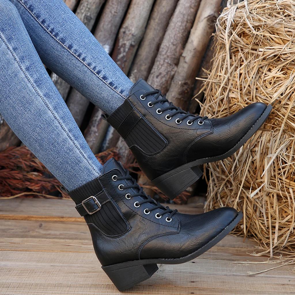Зимние женские ботильоны с острым носком и толстым каблуком, модные ботинки в стиле вестерн больших размеров со шнуровкой для женщин, женская обувь на каблуке для активного отдыха