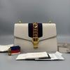 [Pre-Owned] Sylvie Gold Buckle Striped Web Satin Bow Wide Shoulder Strap Leather Handbag - Excellent #6FTK71