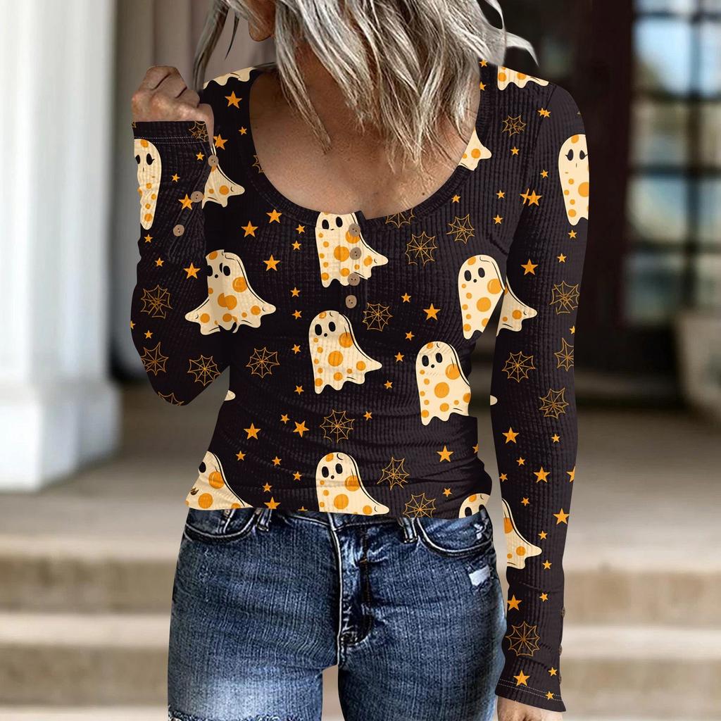 Женский модный повседневный свитер с длинными рукавами и принтом на пуговицах в стиле Хэллоуина