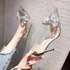 Spring New Pointed High Heel Thin Heel Sexy Transparent Light Mouth Rhinestone Bow Catwalk Shoes Silver Wedding Shoes