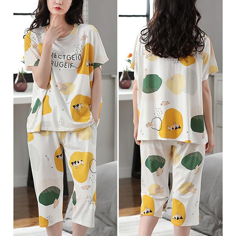 Women's Sets Cute Cartoon Print Pajamas Fashion Casual Home Service Short-sleeved Shorts 2PCS Femme Sleepwear Plus Size