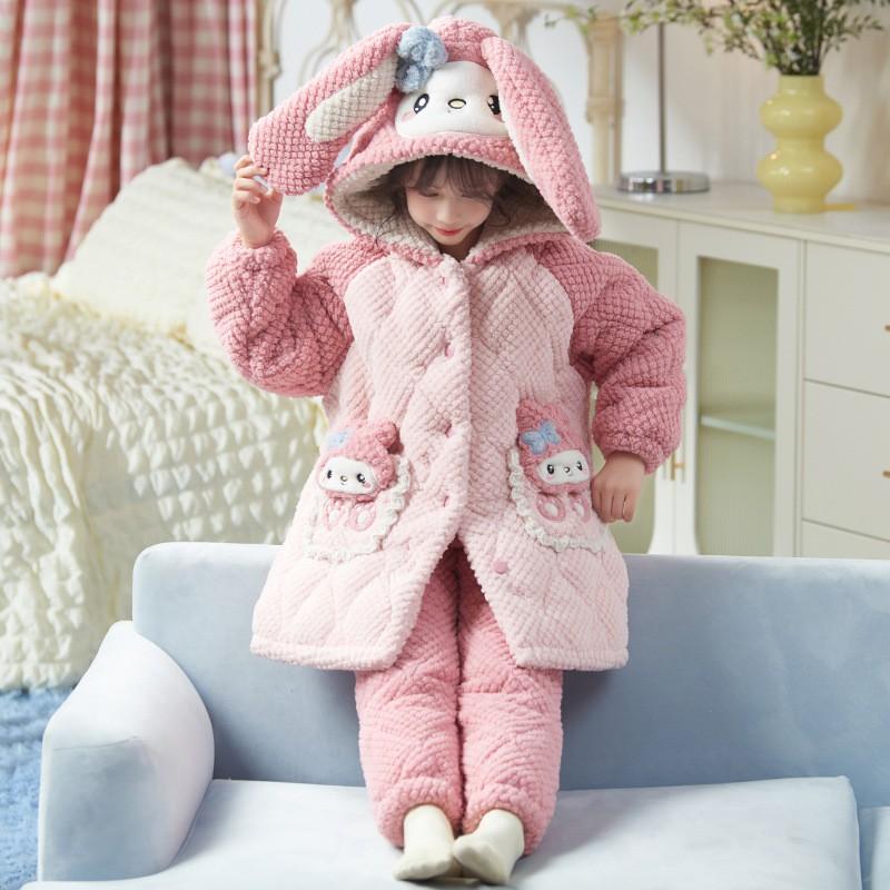 Girls Warm Coral Fleece Pajamas Set Winter Thick 3-Layer Quilted Sleepwear Kids Ages 8