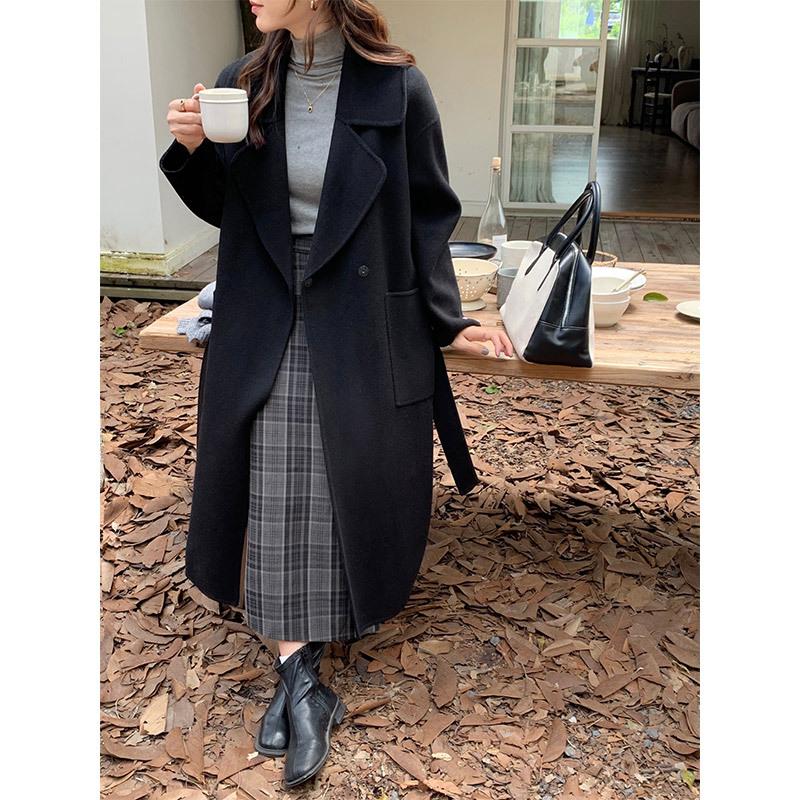 Suit Collar with Hidden Buttons Double-sided Hand-sewn Cashmere Coat Women's Loose and Versatile Commuter Premium Woolen Coat