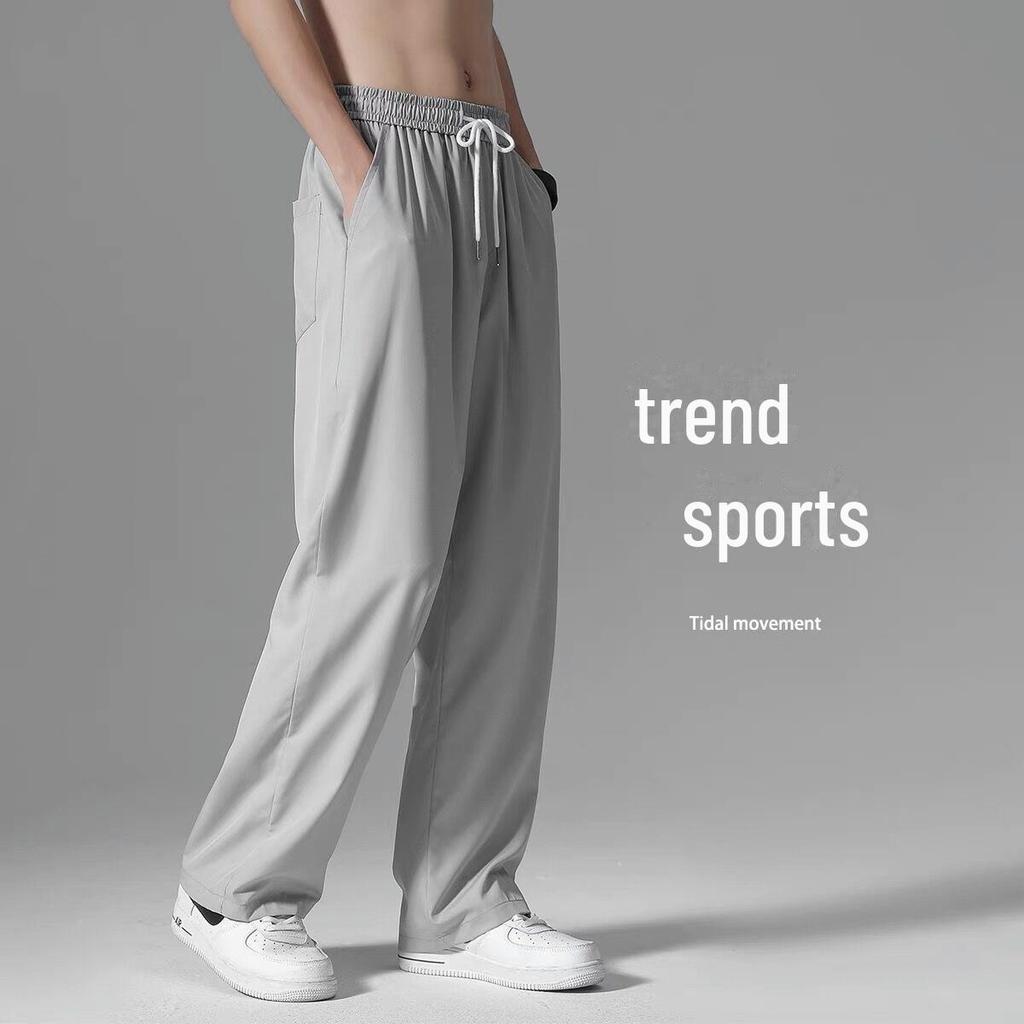 Тонкие шелковые широкие брюки для мужчин в гонконгском стиле - модные повседневные спортивные брюки на весну/лето