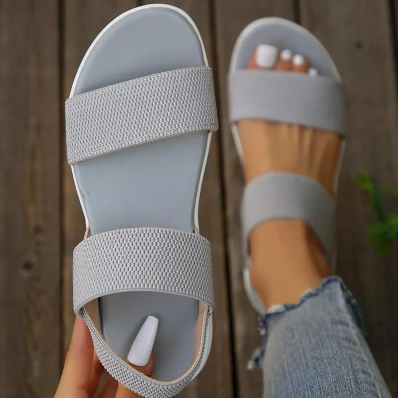 Fashion Ladies Shoes 2024 New Elastic Band Women's Sandals Summer Open Toe Breathable Mesh Solid Flat Casual Beach Large Size Sandals