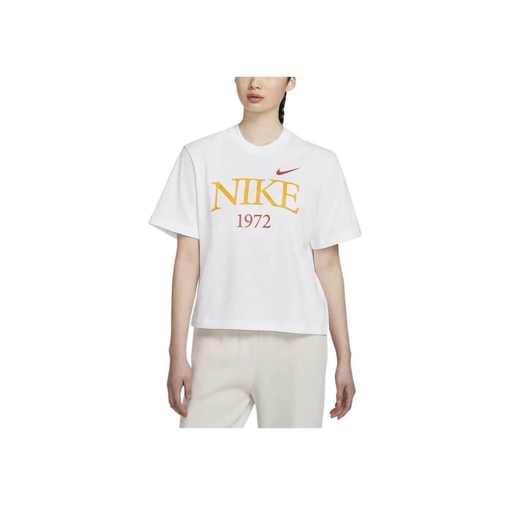 Nike Классическая спортивная одежда, буквенно-цифровой повседневный пуловер с круглым вырезом, футболка с коротким рукавом, женские топы, белые FQ6601-101
