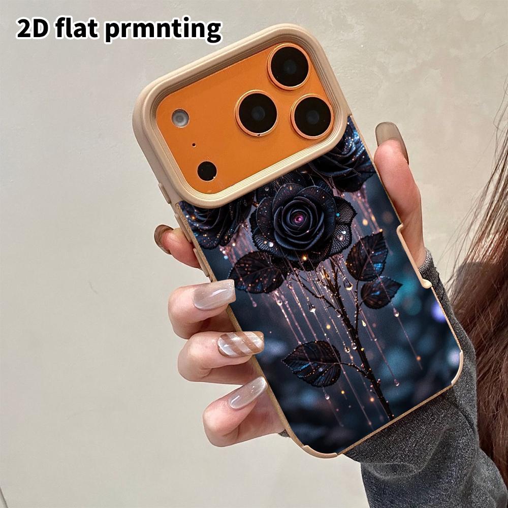 Phone Case: 2D flat lambskin suitable for iPhone 18, 17, 16, 15, 14, 13 Pro film protective case, four black crystal roses, Christmas and Halloween gi