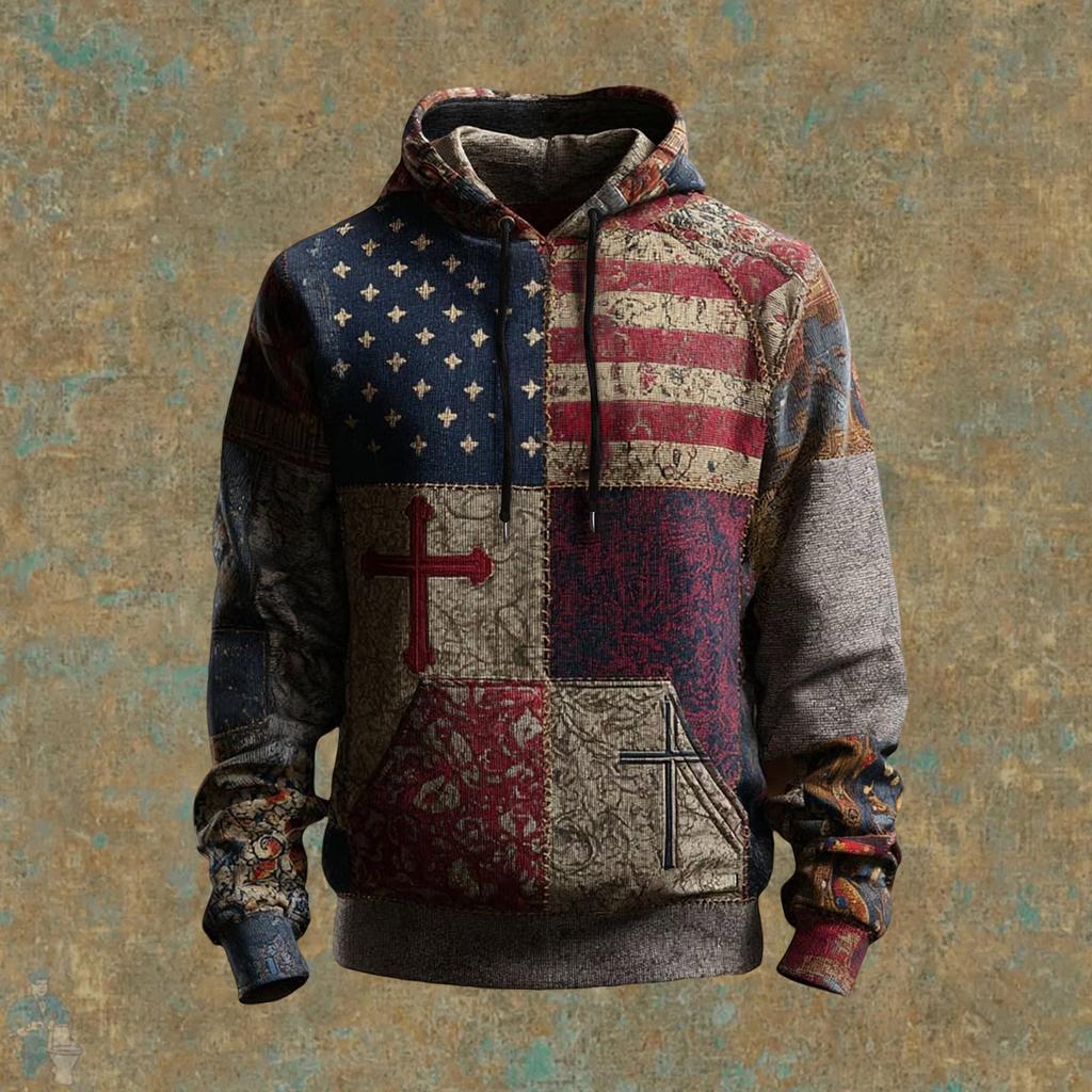 Мужское винтажное повседневное худи с крестом и американским флагом, патриотическая футболка