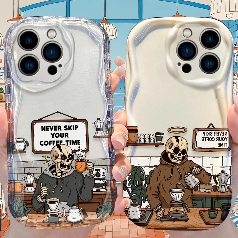 Funny Skeleton Coffee Bar Wave Phone Case for iPhone 17 Air 16 E 15 14 Plus 13 12 Mini 11 Pro Max Liquid Silicone Covers Funda