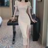 New Summer 2025 Black French Puff Sleeve Slim Fit Dress with Long Slit for Women