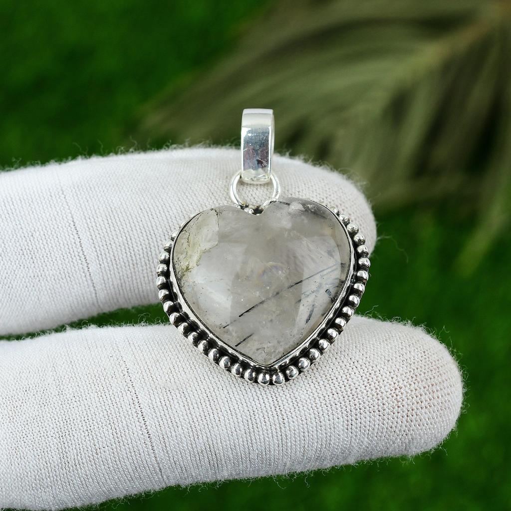 Natural Black Rutile Gemstone Pendant 925 Sterling Silver Jewelry For Women