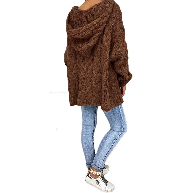 Women's Autumn and Winter Knitted Thickened Twist V-Neck Hooded Loose Sweater
