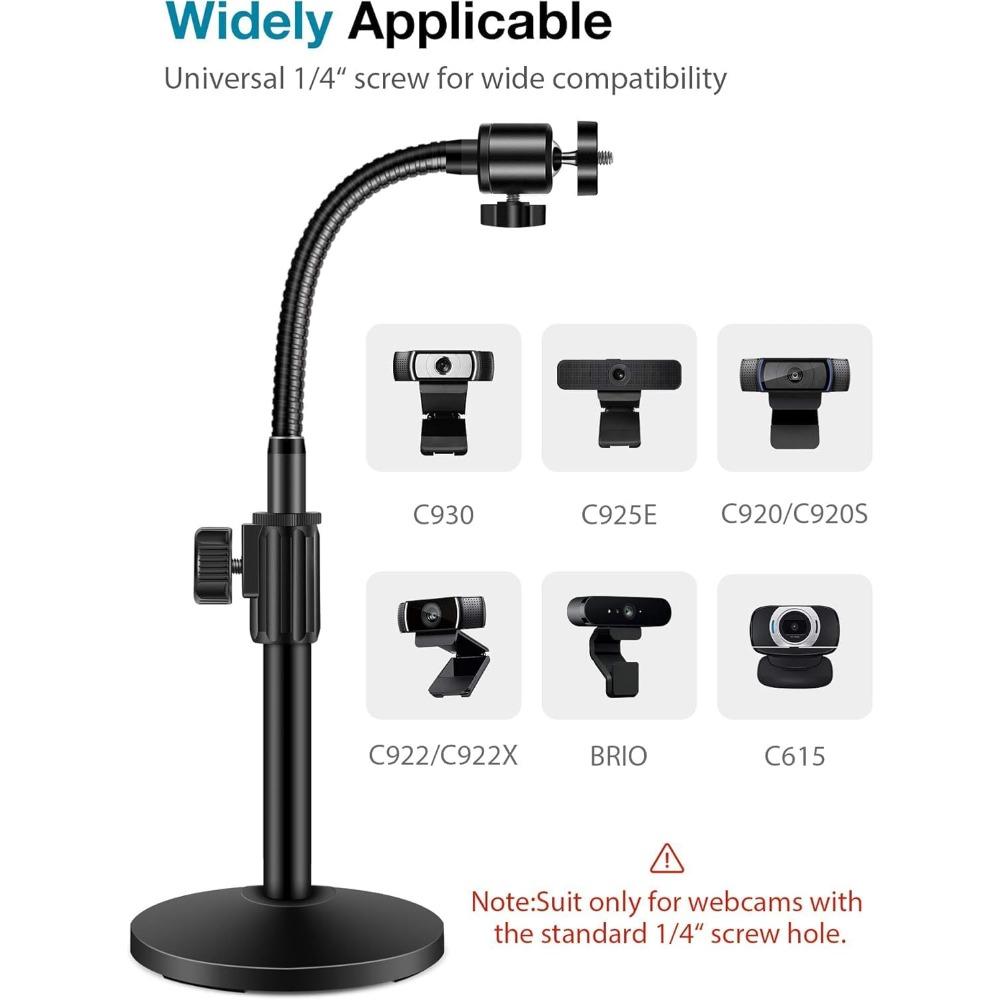 Webcam Stand Adjustable Desk Camera Mount with Flexible Gooseneck Arm Phone Holder and Right Light 1/4" Thread