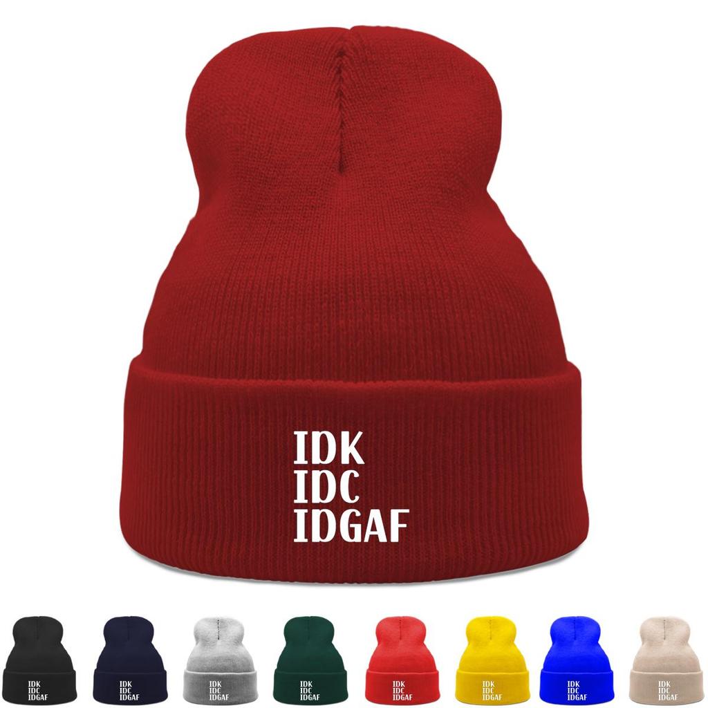 IDK IDC IDGAF" Winter Knit Hat Beanie, White Text Skullies Beanies Warm Winter Sporting Gorro Knitted Cap Beanie