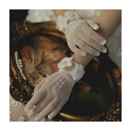 Сатиновые перчатки невесты Короткие тюлевые свадебные перчатки Прозрачные короткие перчатки на запястье с бантом и искусственным жемчугом для выпускного вечера, вечернего мероприятия, чаепития