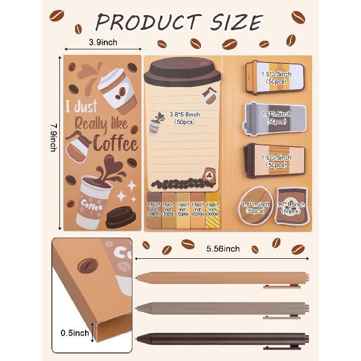 Coffee Themed Gifts for Coffee Lovers, Coffce Sticky Notes Pads with 3 Ballpoint Pens, Self-Stick Notes Pads Animal Divider Tabs Bundle Writing Memo