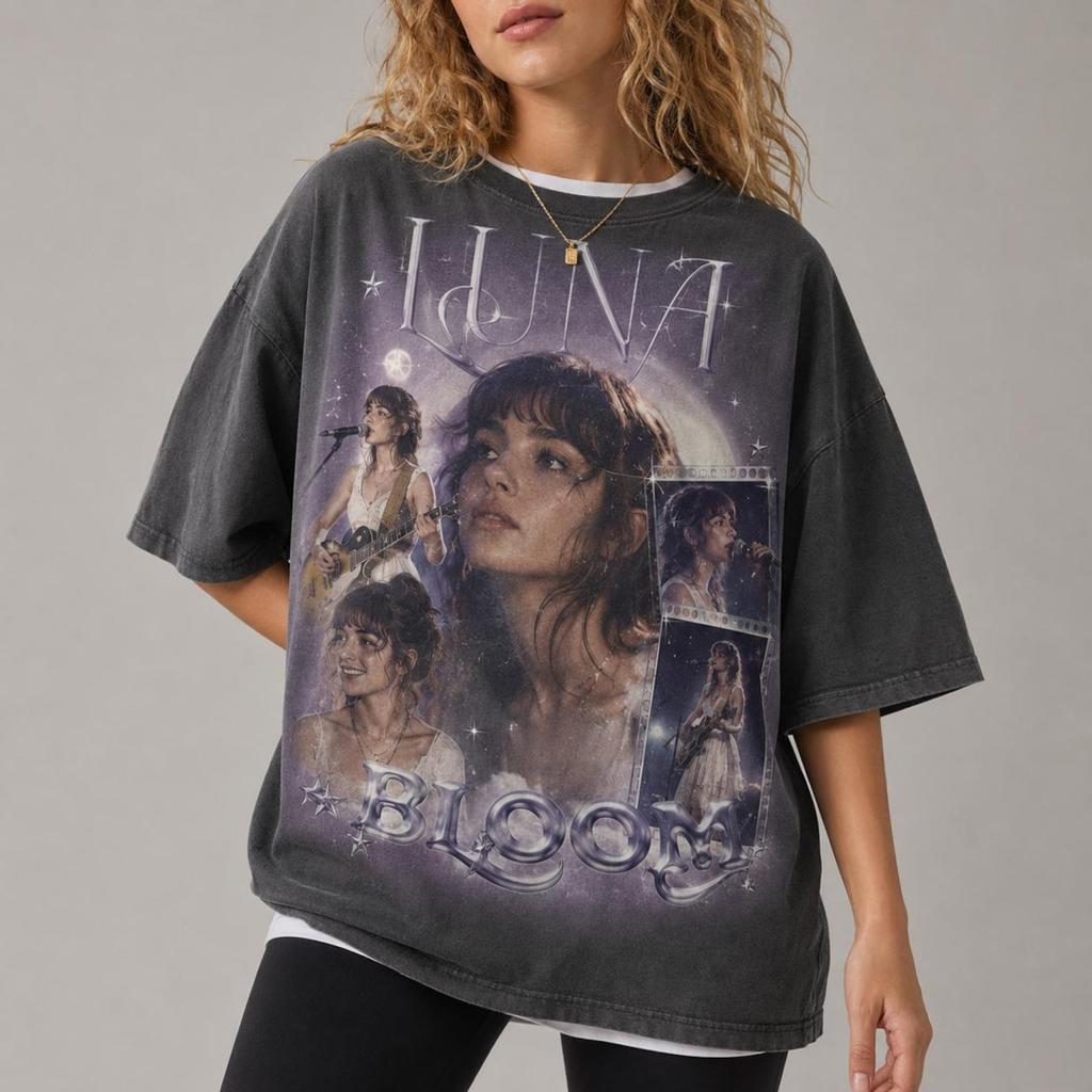 Olivia Bloom Vintage Concert Graphic Tee, Retro Pop Singer T-Shirt, Washed Black Style