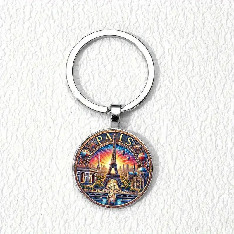 Paris Sunset Scene Keychain With Glass Pendant For Gift And Decoration