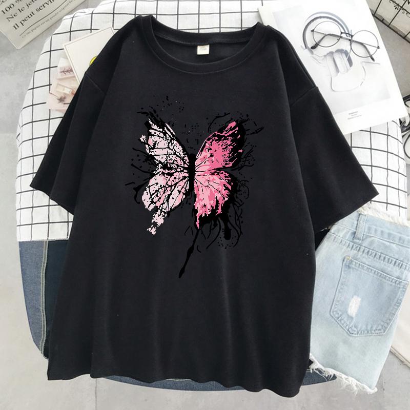 Розовая футболка с бабочкой Harajuku, женская повседневная дышащая футболка в стиле хип-хоп с коротким рукавом, хлопковая крутая футболка большого размера