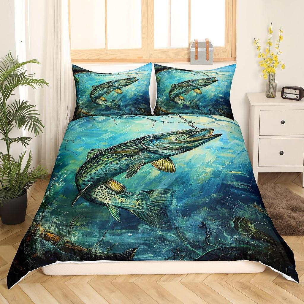 Fishing Duvet Cover Sets For Adults Queen Size Quilt Covers Lightweight Down Room Decor 2 Pillowcases 1 Duvet Cover No Comforter