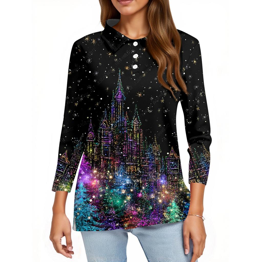 Women's Fashion Casual Lapel Short 3/4 Sleeve Christmas Print Shirt Women's Button Up Tops