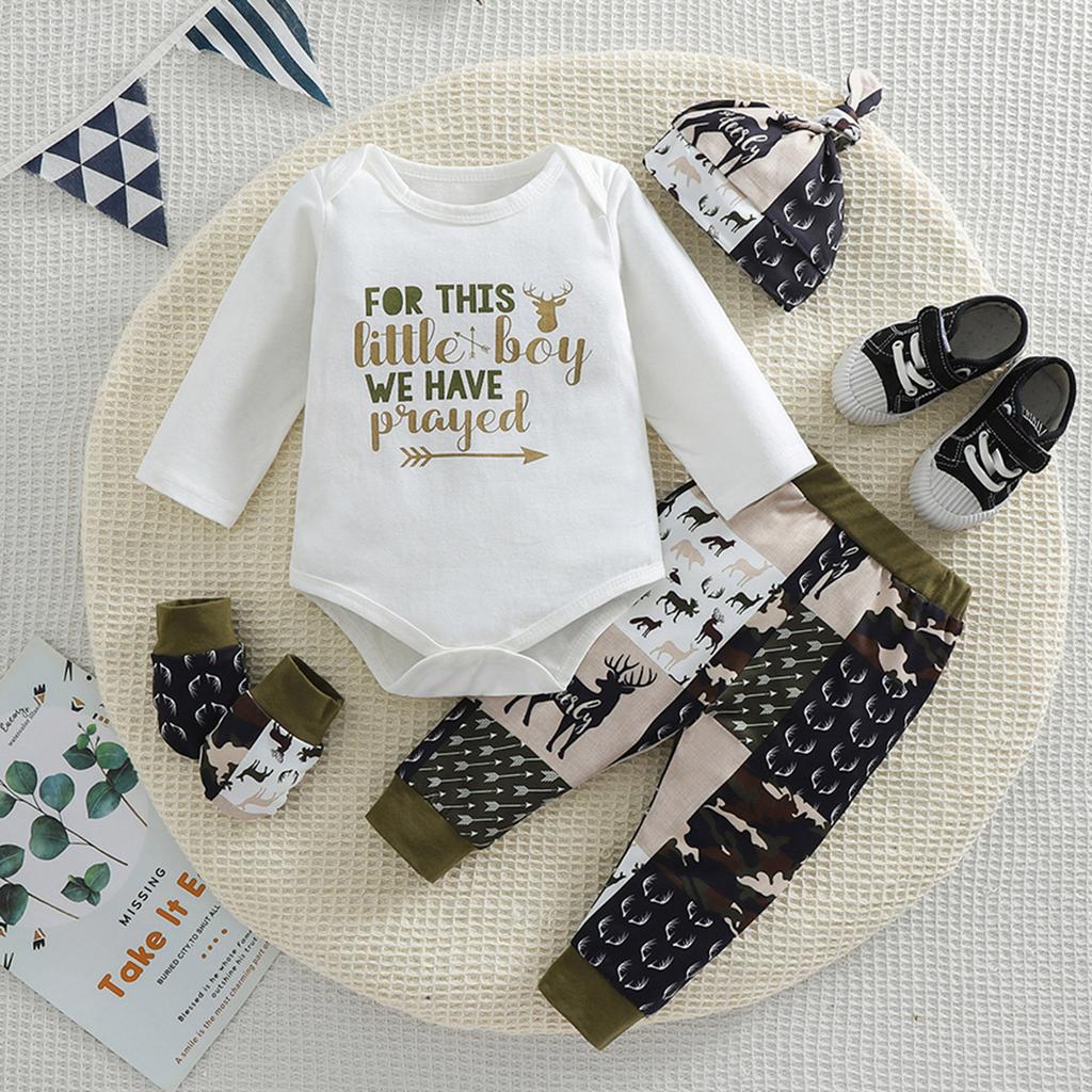 Комплект одежды из 4 предметов для мальчика с буквенным принтом, хлопковый комбинезон, шапочка, варежки и штаны