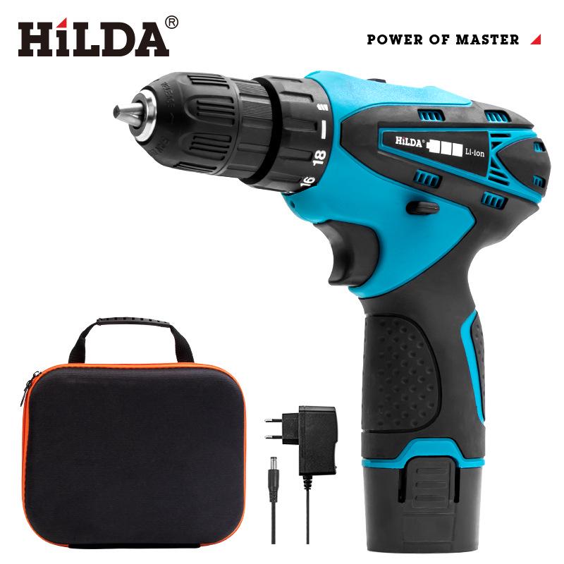 Hilda 12V Dual-Speed Cordless Screwdriver Drill with Rechargeable Lithium Battery, LED Light, and 2 Waterproof Hand Pieces