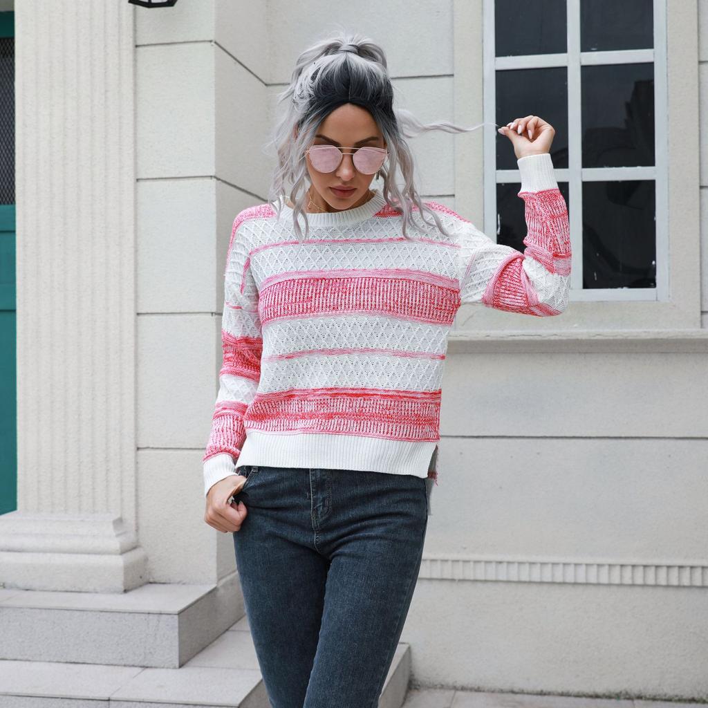 Зимний осенний женский модный полосатый теплый свитер, свободный вязаный топ с разрезом