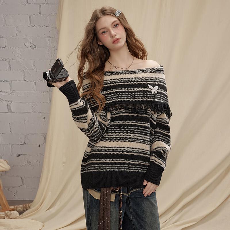 unifree Women's Off-Shoulder Striped Tassel Sweater