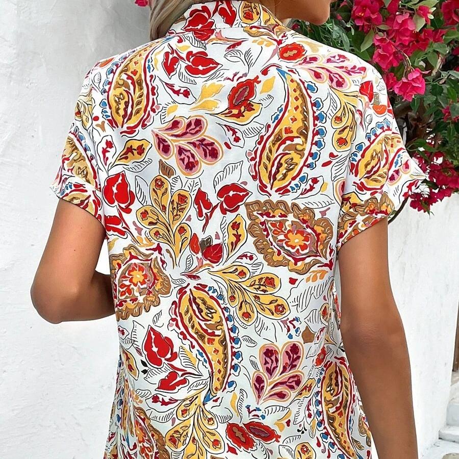 DAFIFY Женская мода лето весна повседневные блузки и рубашки с цветочным узором и принтом с коротким рукавом и v-образным вырезом