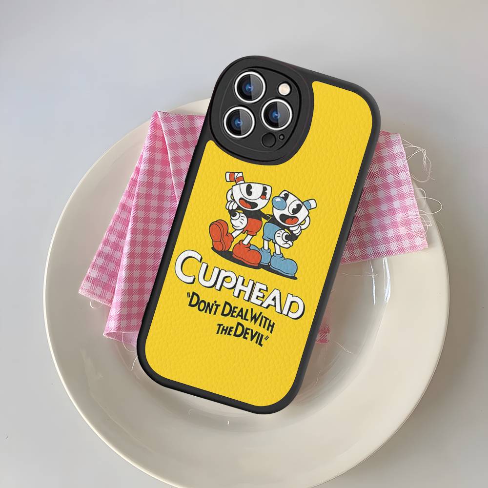 C-Cuphead Classic Game Silicone Phone Case For IPhone 16 15 14 13 12 11 Pro Max Mini Leather Soft Cover