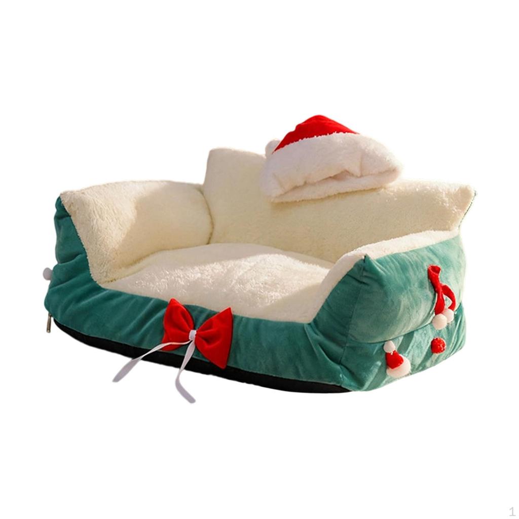 Cat Bed Sofa Pet Couch As Cute Furniture with Christmas Hat And Bows, Scratch-resistant