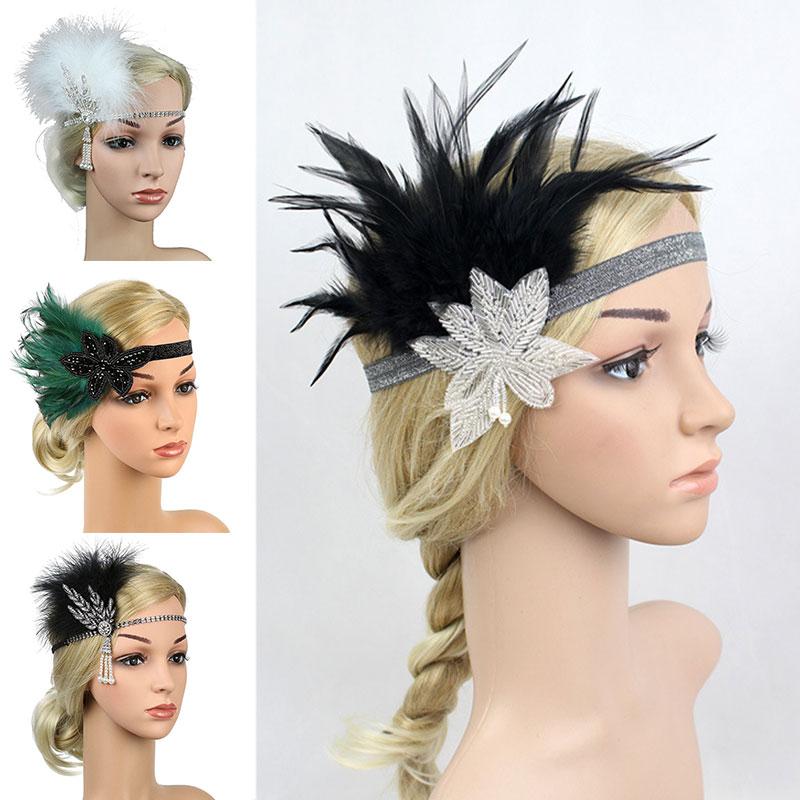 Women Party Headpiece Performance Headwear Rhinestone Sequin Hair Accessories Elastic Indian Feather Headband Masquerade Vintage
