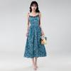 Women's Blue Floral French Style Slimming Summer Dress with Waist-Cinching Design