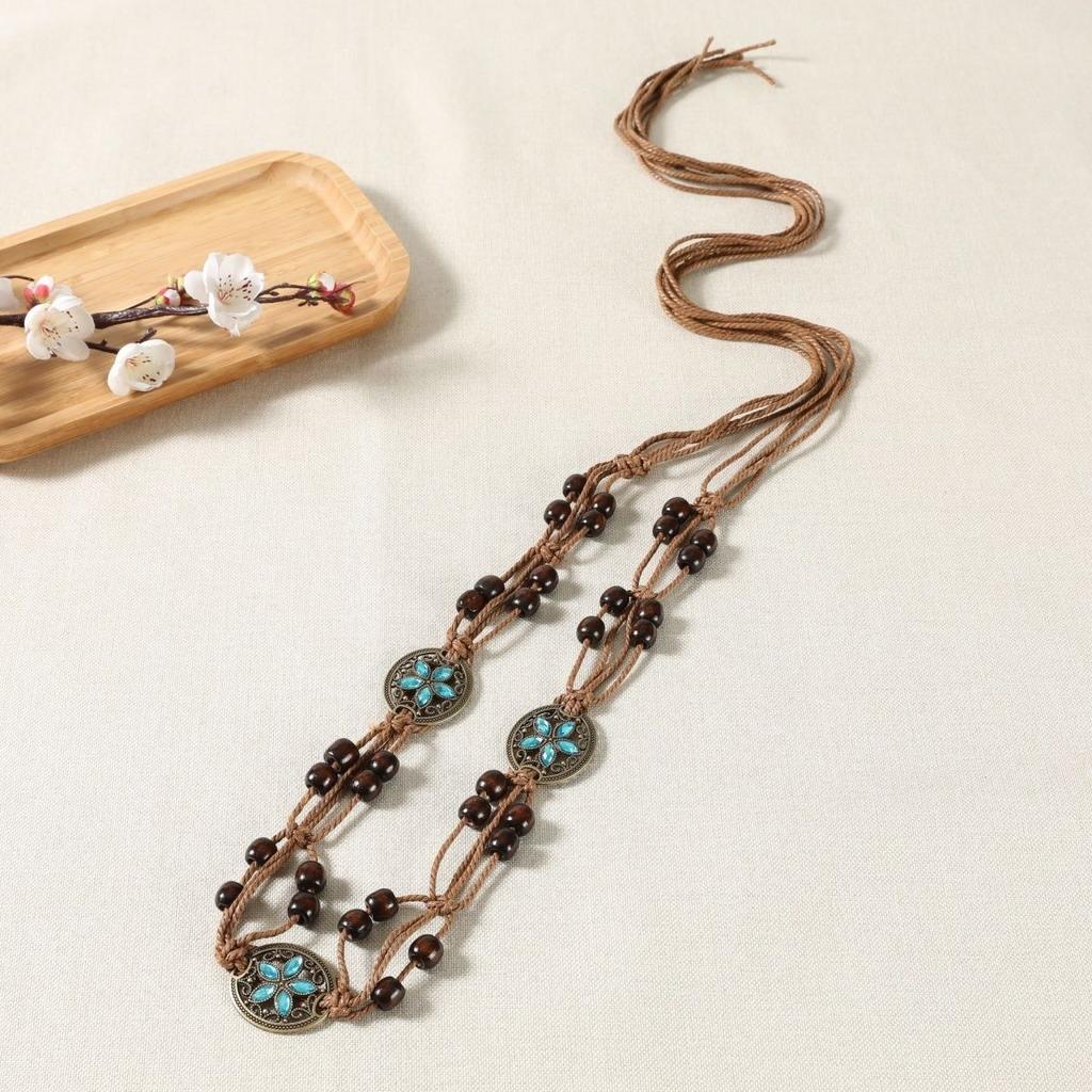 National Style Butterfly Women Belt Aesthetic Waist Chain Hemp Rope Braided Big Beads Dress Plait Belt Casual Thin Belt for Dress