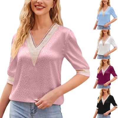 Новый однотонный кружевной атласный топ с v-образным вырезом и средними рукавами