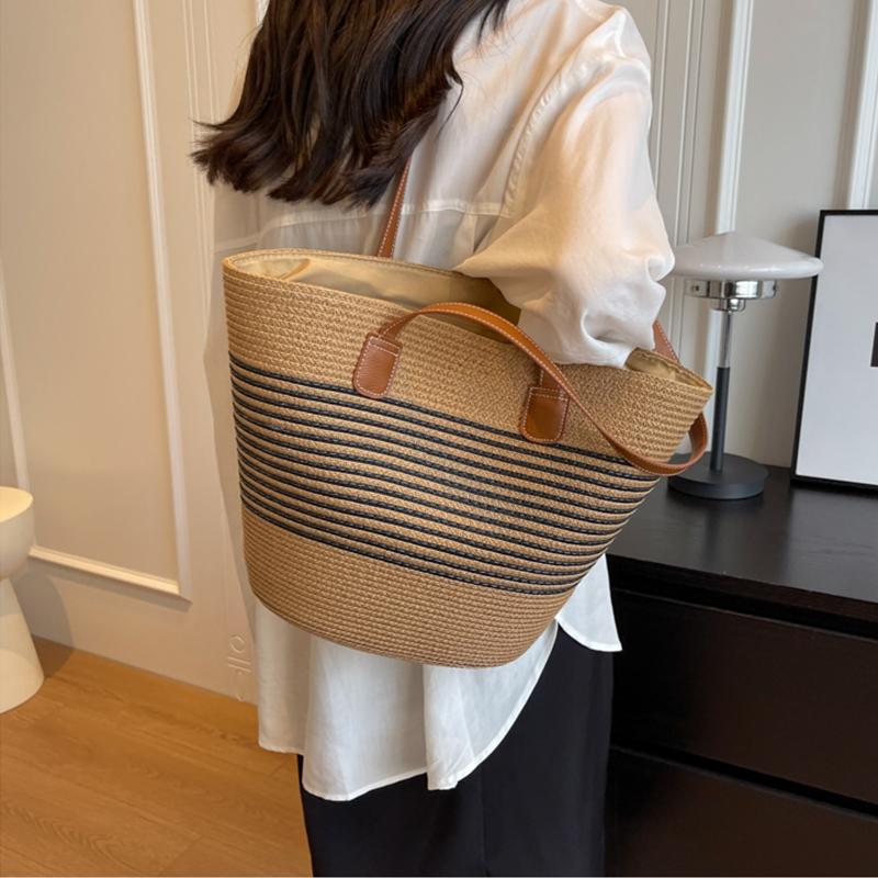 Women Fashion Striped Summer Beach Straw Knitting Shoulder Bag Hollow Out Handwoven Handbags Portable Large Capacity Casual Tote AVE