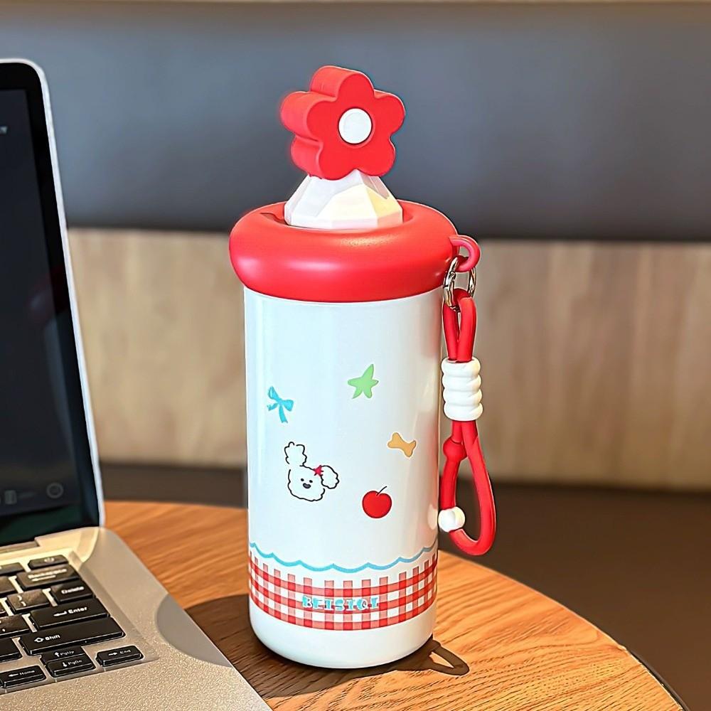 New Flower Insulated Cup Stainless Steel with Straw Thermal Water Bottle with Lanyard Vacuum Sippy Mug Gifts