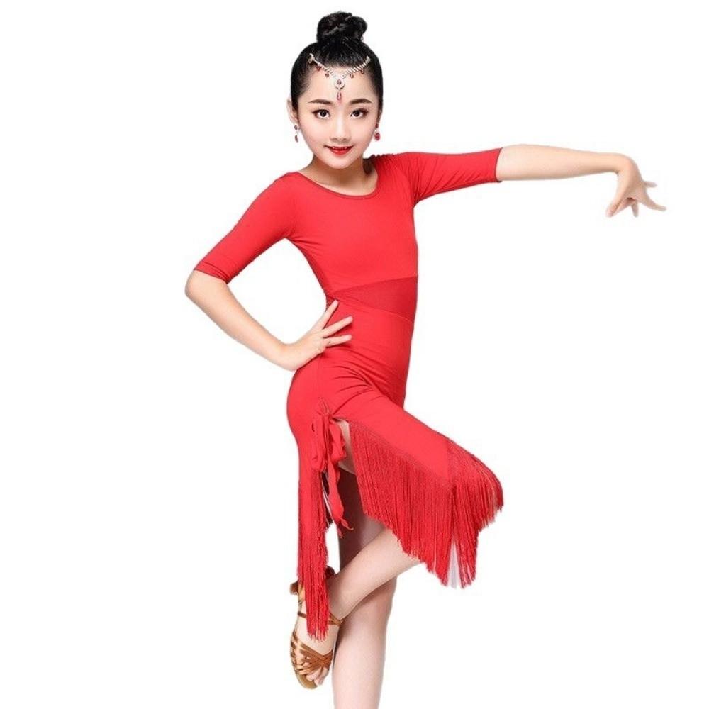 Cha Cha Kids Latin Dance Dress Black Red Samba Stage Outfits Performance Clothes  Child Girls