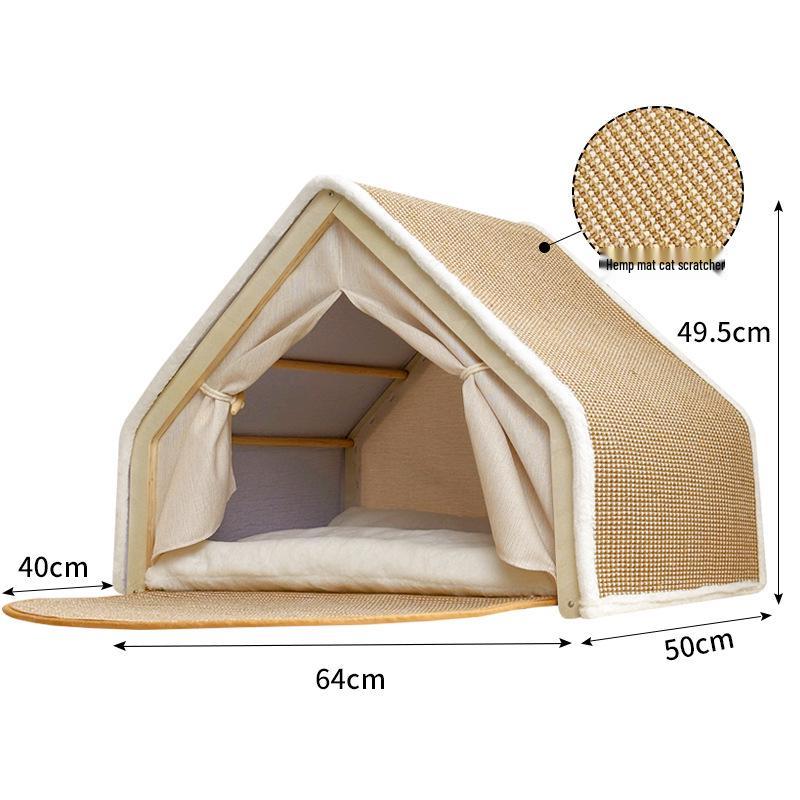 Super Large All-Season Cat & Dog House: Sisal Scratching Board, Solid Wood Enclosed Bed, Cat Tent Villa