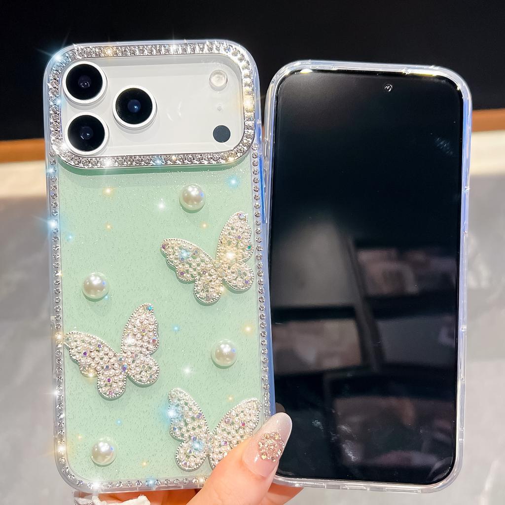 Чехол для телефона IPhone 17 Air 16E 17 16 15 14 13 Pro Max со стразами, жемчужной бабочкой и блестками, прозрачный