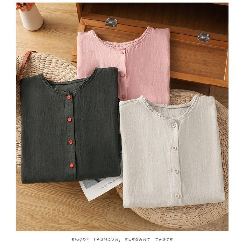Women Solid Color Ruffle Linen Cotton Shirt Casual Cap Sleeve Breathable Summer Blouse