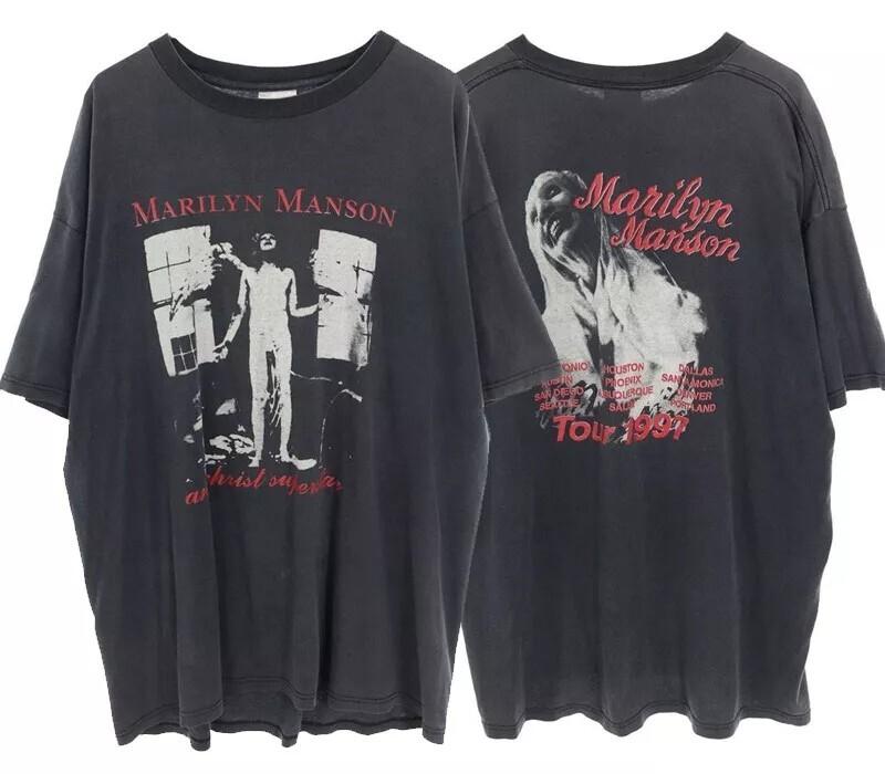 Marilyn Manson Тур 1997 Футболка с группой 2 стороны Черный Ретро стиль Репринт S5XL Унисекс Футболка