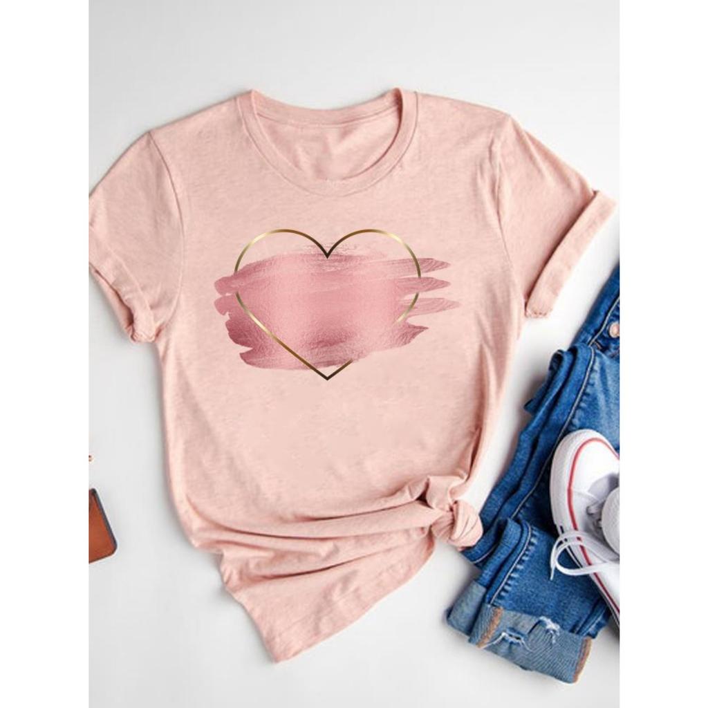 Watercolor Love Heart Sweet Fashion Short Sleeve Print T Shirt Tee Basic Clothing Summer Top Graphic T-shirt Women Clothes