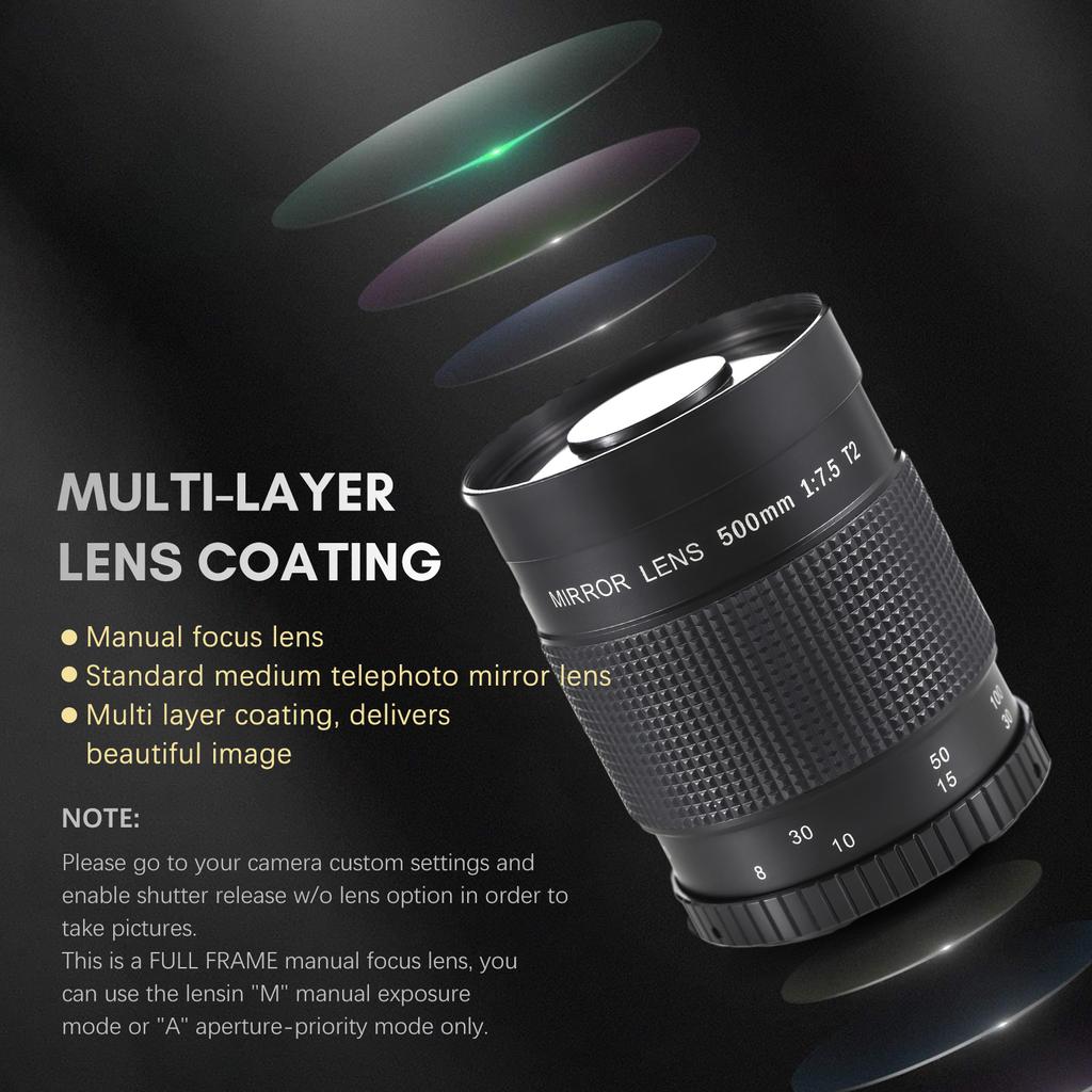 Телеобъектив с зеркальным зеркалом 500 мм F/7,5, сменное Т-образное крепление для Canon Nikon Sony Fujifilm Olympus