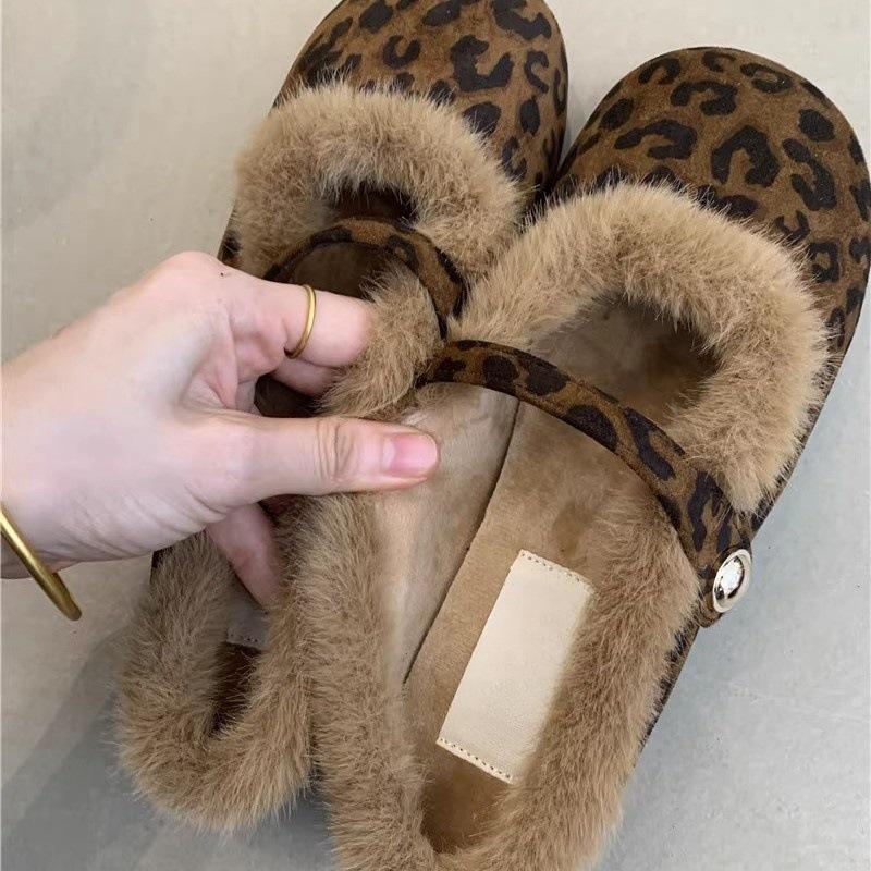 Нежные пушистые туфли феи женские 2024 новый французский темперамент элегантный леопардовый принт одно слово бархатная сумка голова полутапочки